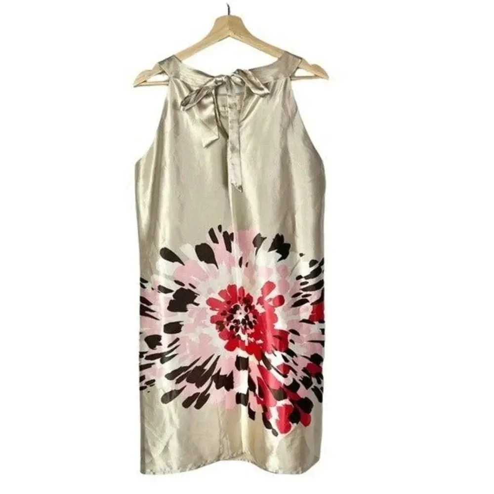 Boutique Gold Satin Floral Tie Back Mini Shift Dress 12 - Picture 2 of 5
